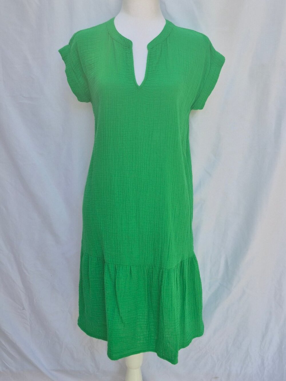 TALBOTS Gauze 100% COTTON Green Ruffle Women's Flowy  Shift Dress Size XS